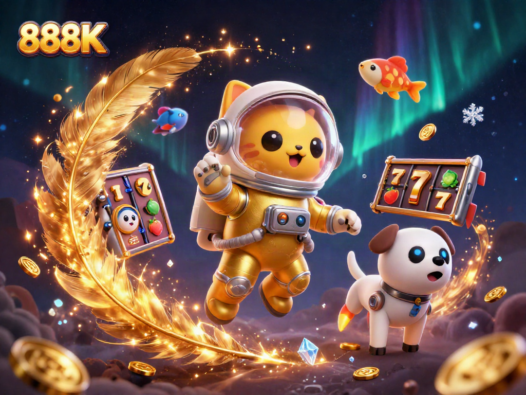 Engage with the thrilling slots experience at 888K, featuring a whimsical cosmic scene.