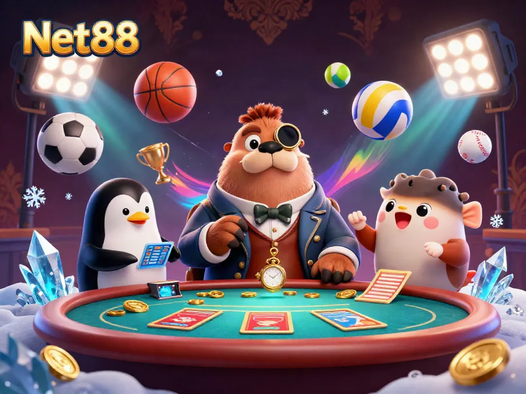 Experience exciting gameplay at Net88 with a whimsical poker scene featuring a walrus and friends.