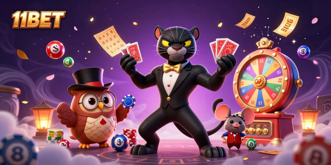 Engage in thrilling gameplay with 11BET, illustrated by a stylish panther dealing cards amidst exciting gaming elements.