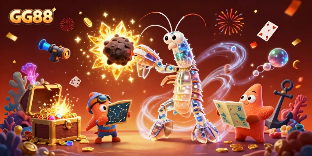 Engage in thrilling gameplay at GG88 with vibrant treasures and animated characters in an exciting casino scenario.