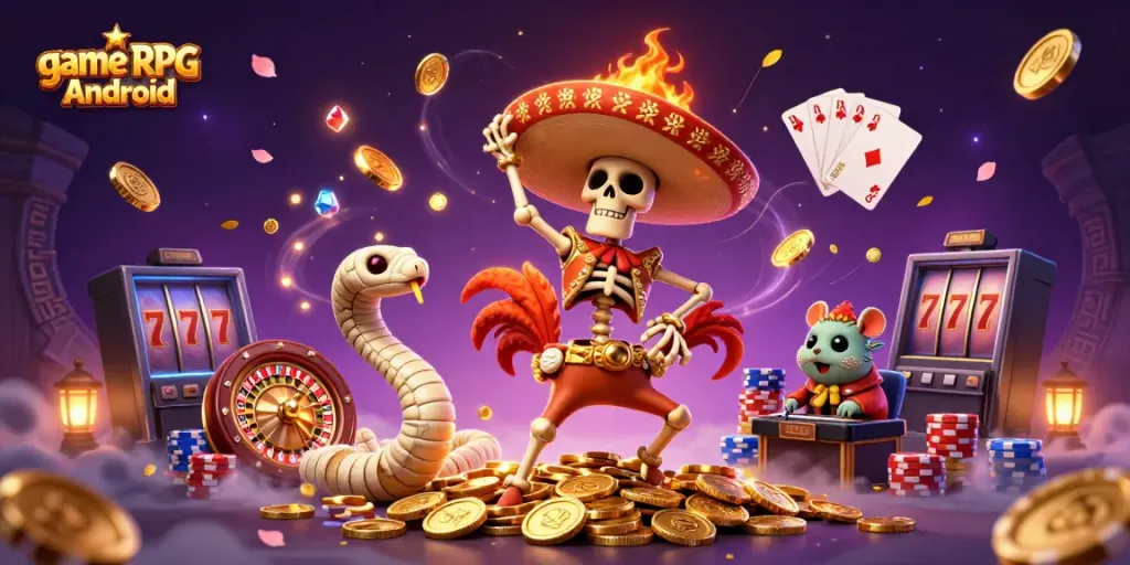Bermain game RPG Android dengan gaya kasino menghibur dalam ilustrasi 3D penuh warna.