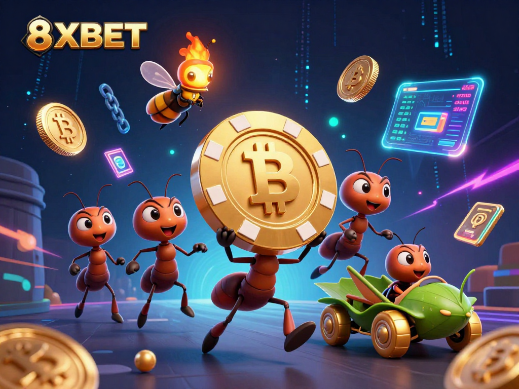 8XBET highlights a team of cartoon ants on a heist journey, showcasing casino excitement and crypto elements.