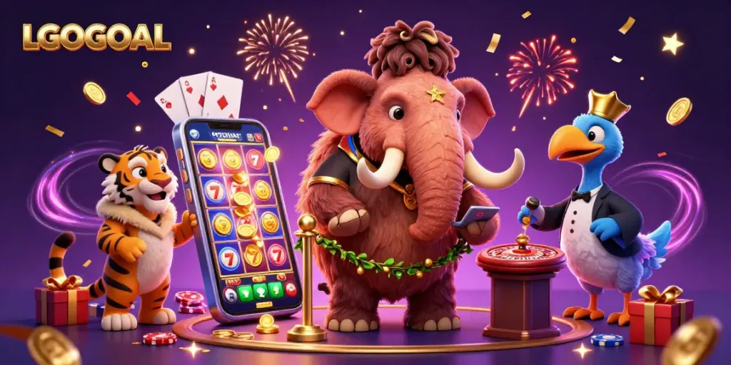 Experience thrilling gaming at LGOGOAL with vivid slot action, golden coins, and a vibrant casino scene.