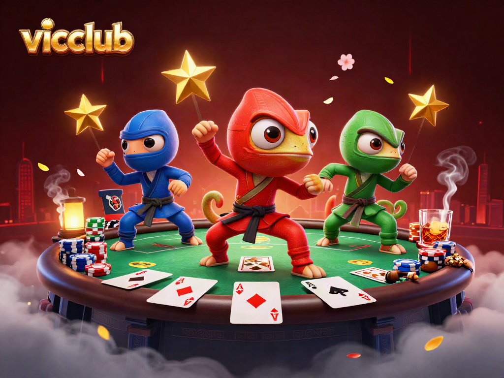 Vicclub chameleon ninjas showcase poker skills amidst dramatic gaming scene.
