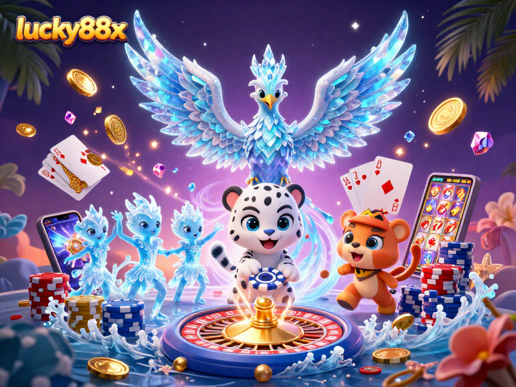 Play exciting games with lucky88x, featuring vibrant casino elements and magical characters.
