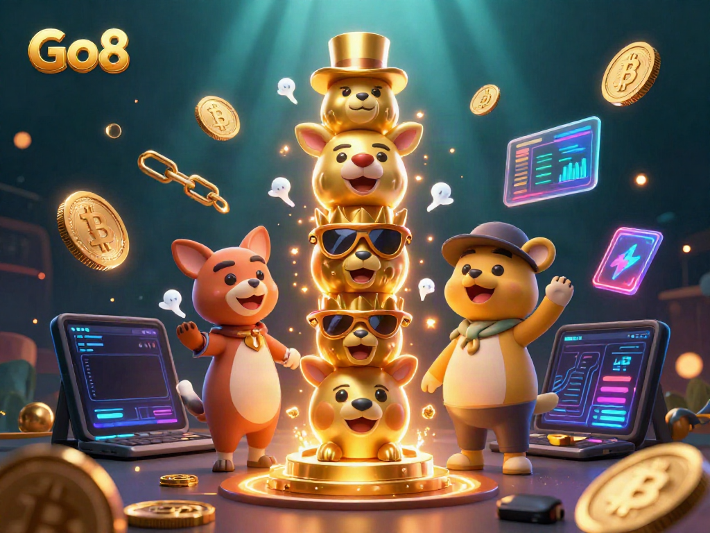 Spin and win at Go8 with dynamic 3D casino elements and vibrant crypto visuals.