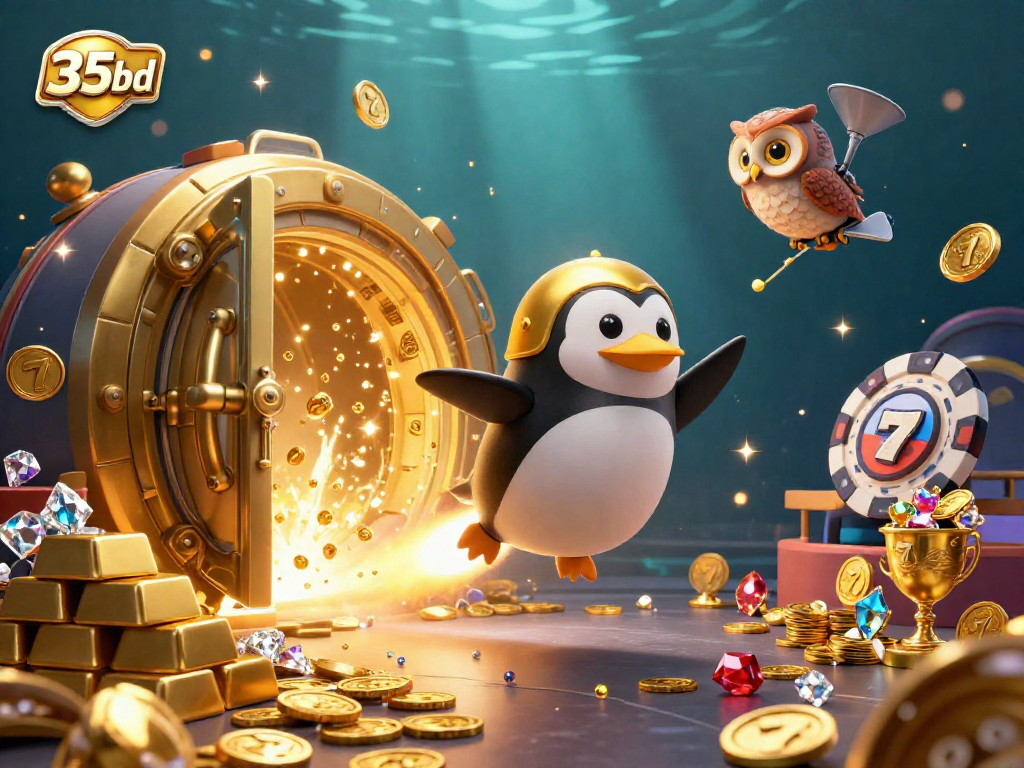 Join the thrilling journey of 35bd as a golden penguin speeds towards a jackpot at the casino!