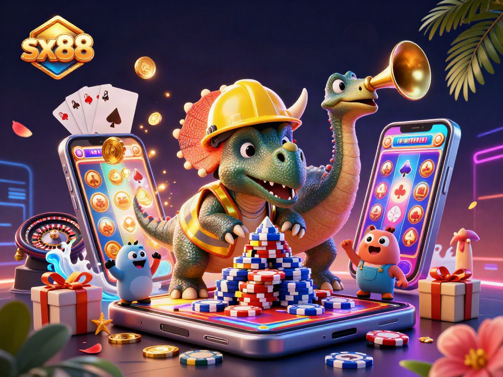SX88 showcases a vibrant triceratops building poker chip pyramids amidst a casino-themed celebration.