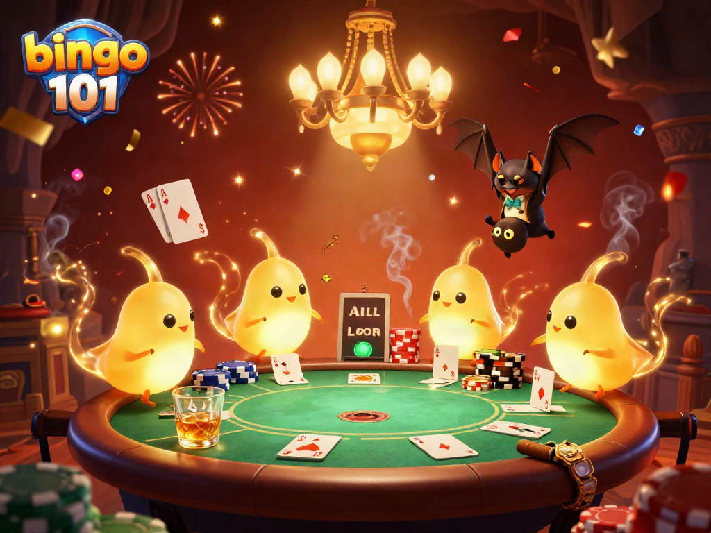 Experience the excitement of bingo 101 in a vibrant casino scene lit by glowworms and featuring colorful poker stacks.