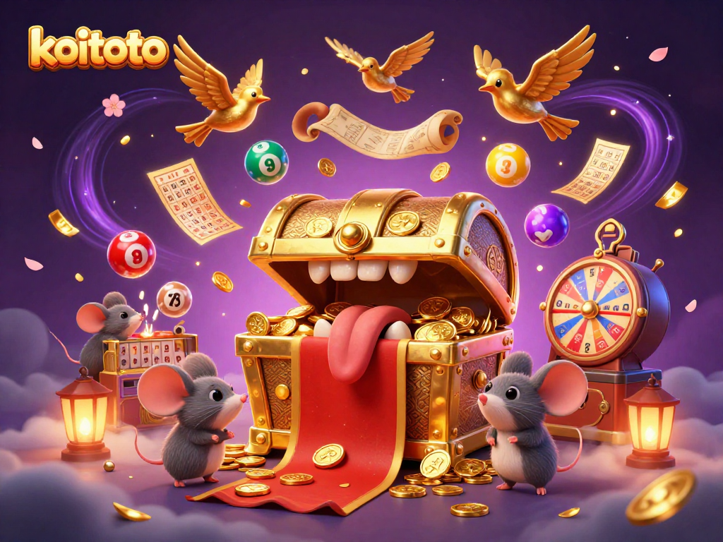 Koitoto menangkan hadiah besar dalam ilustrasi kasino yang meriah dan penuh warna.