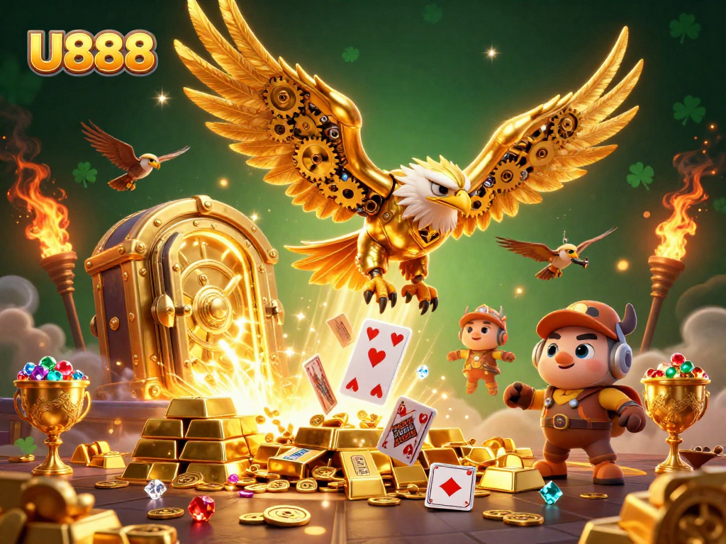 Experience thrilling wins at U888 with a golden eagle diving through holographic cards.