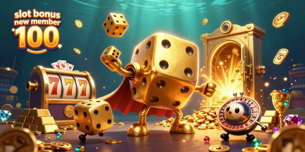 Engage with slot bonus new member 100 through a vibrant, winning scene featuring golden dice and slot elements.