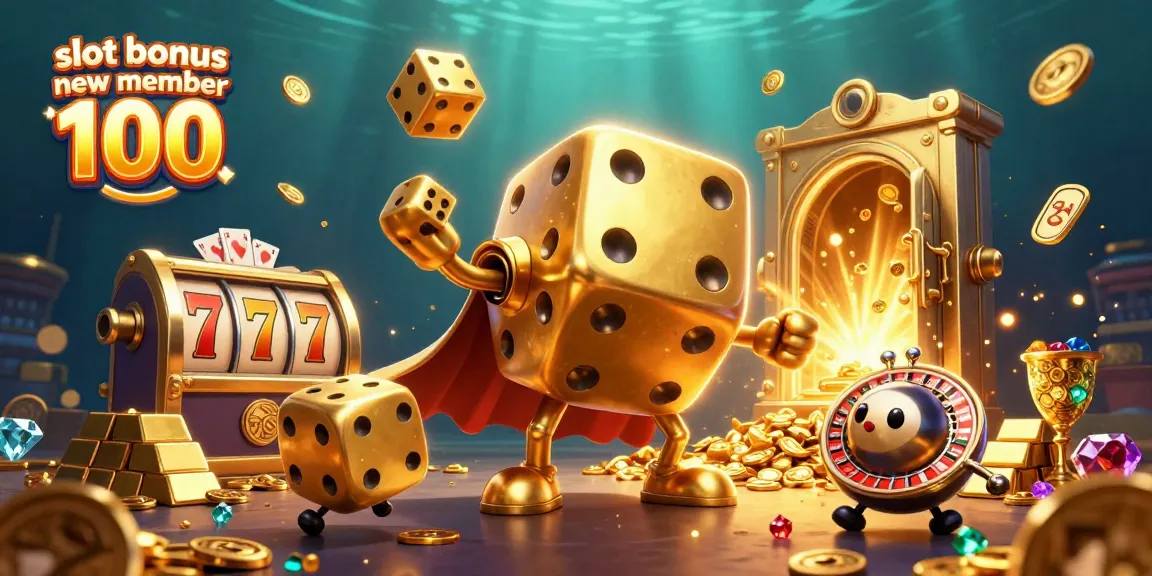 Engage with slot bonus new member 100 through a vibrant, winning scene featuring golden dice and slot elements.