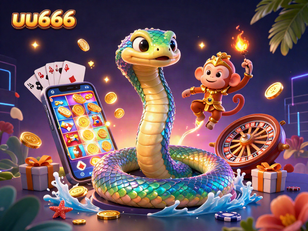 uu666 unveils a dynamic casino scene with a rainbow serpent and magical elements, showcasing vibrant gaming action.