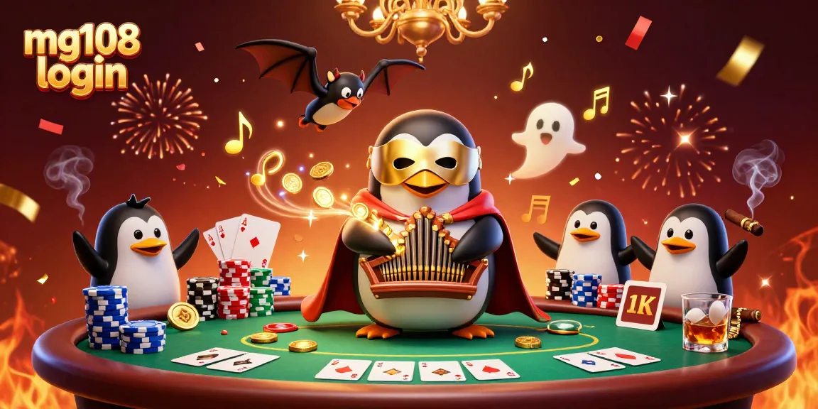 Masuk ke mg108 login dengan gambar ilustrasi kasino yang menampilkan penguin opera dan elemen poker menarik.