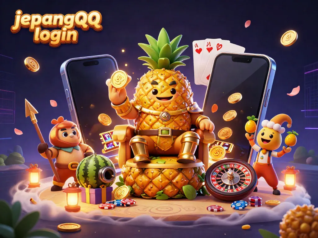 JepangQQ login memperlihatkan raja nanas berwarna emas di kursi buah sambil menjaga integritas permainan kartu online.