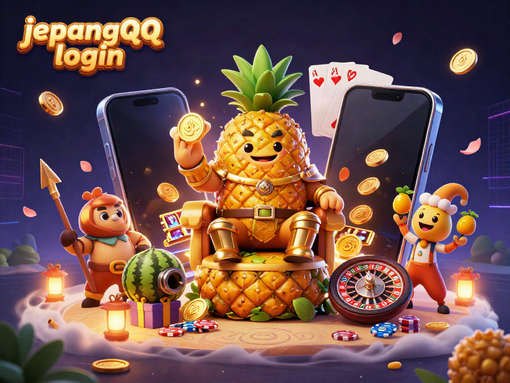 JepangQQ login memperlihatkan raja nanas berwarna emas di kursi buah sambil menjaga integritas permainan kartu online.