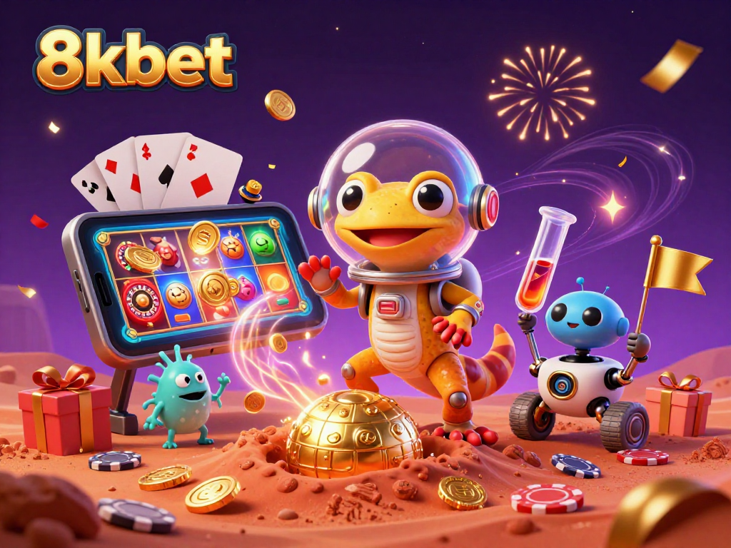 Play exciting slot games with 8xbet's Martian gecko, golden casino treasures, and dynamic gaming elements.