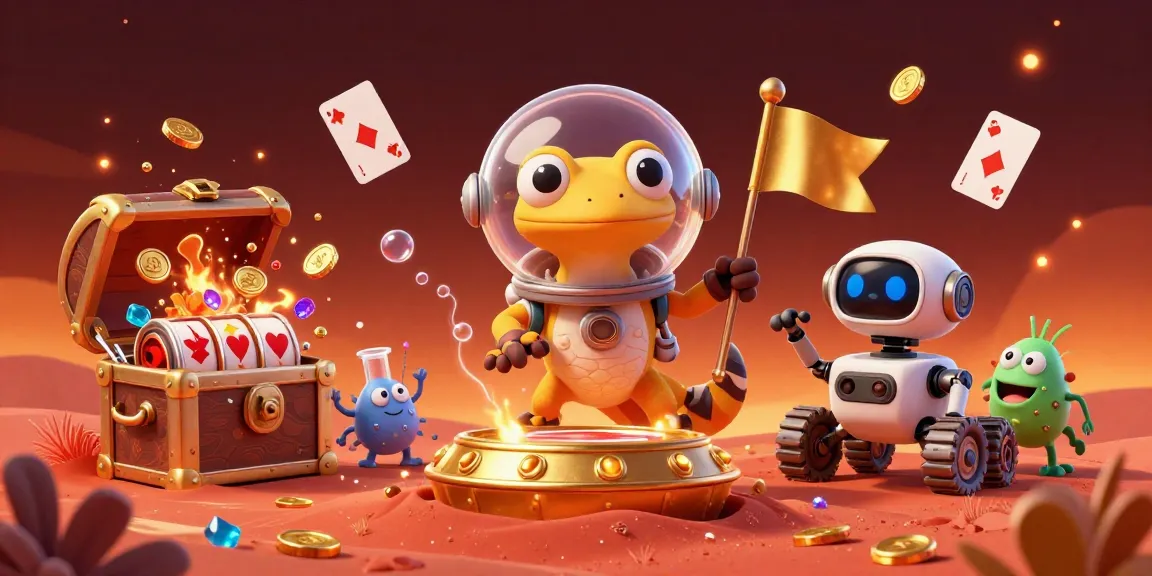 Experience the vibrant world of EE88 with a Martian gecko and its robot friend celebrating a casino discovery.