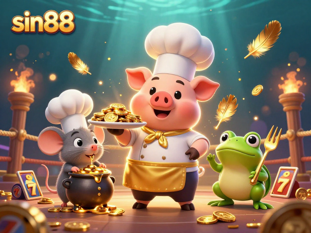 Experience sin88's vibrant casino scene with a chef pig, sous-chef mouse, and critic frog.