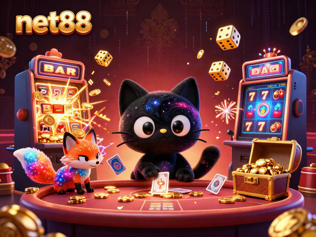 net88 showcases an exciting cosmic casino scene with a black hole cat and vibrant game elements.