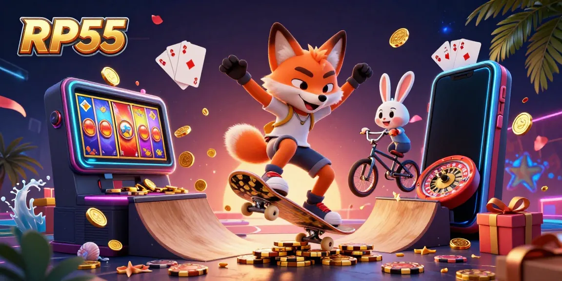 Experience vibrant action with RP55 by a cartoon fox and rabbit in a dazzling casino scene.