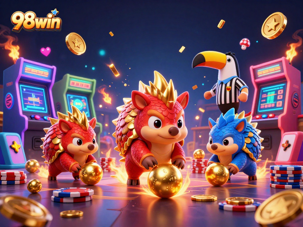 98win pangolins compete in a vibrant casino scene with poker chips and arcade elements.