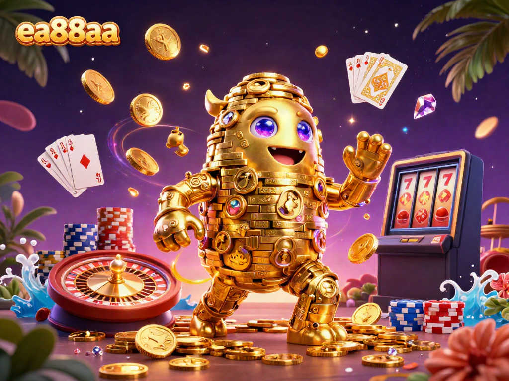 Spin big wins at ea88aa with vibrant casino-themed 3D illustration showcasing a golden golem and dazzling game elements.