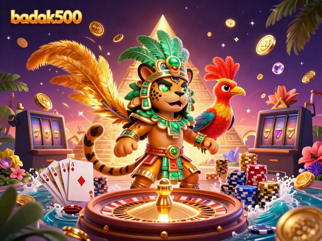 Permainan slot badak500 dengan jaguar dan burung quetzal yang bersinar di tengah koin emas.