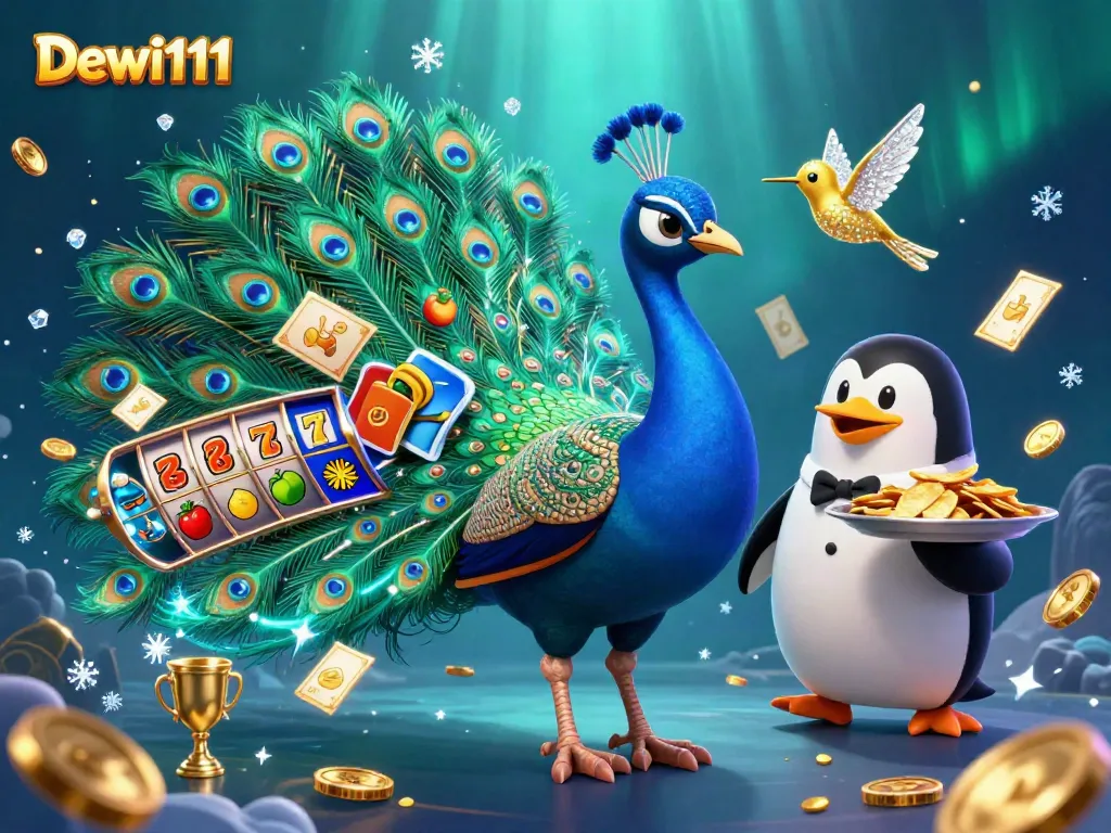 Menangkan jackpot dengan Dewi111, merak berkilau dan pengantar chip emas yang menyemarakkan suasana kasino.