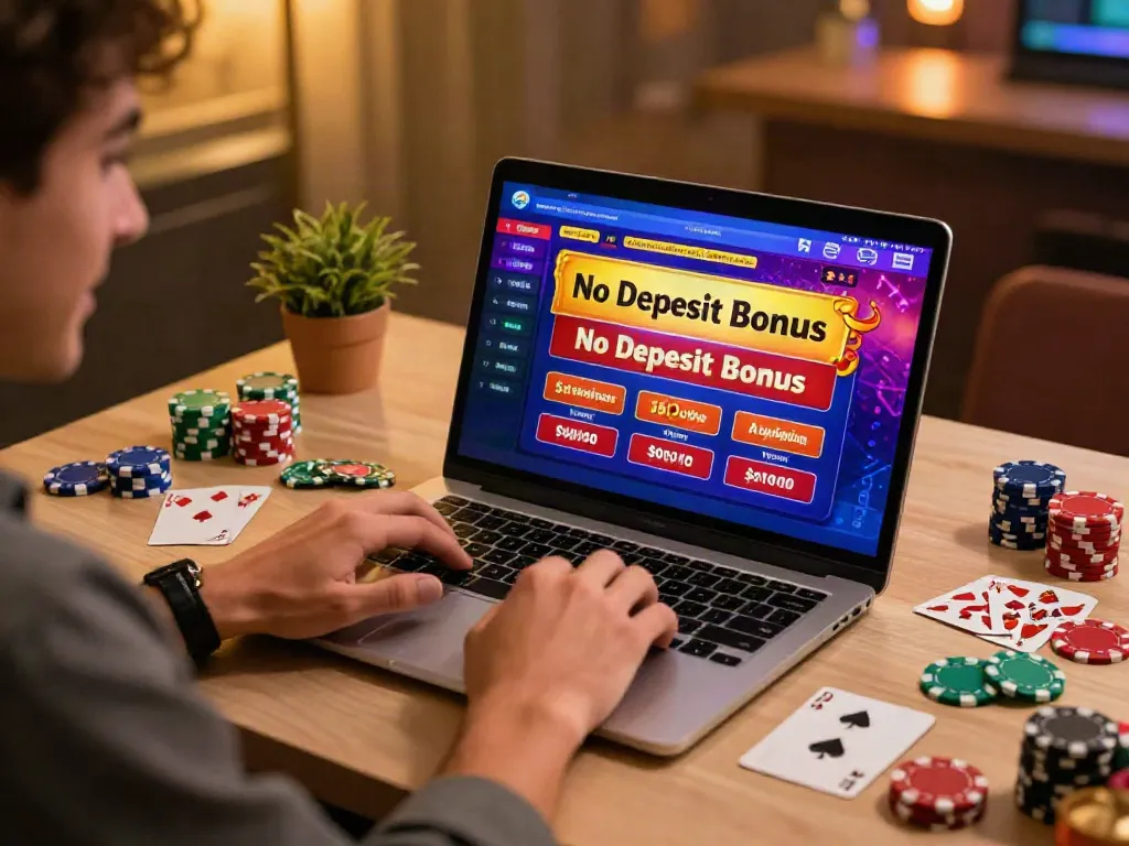 Casino Bonus ohne Einzahlung im Einsatz beim Spielen am Laptop mit Casino-Dekorationen.