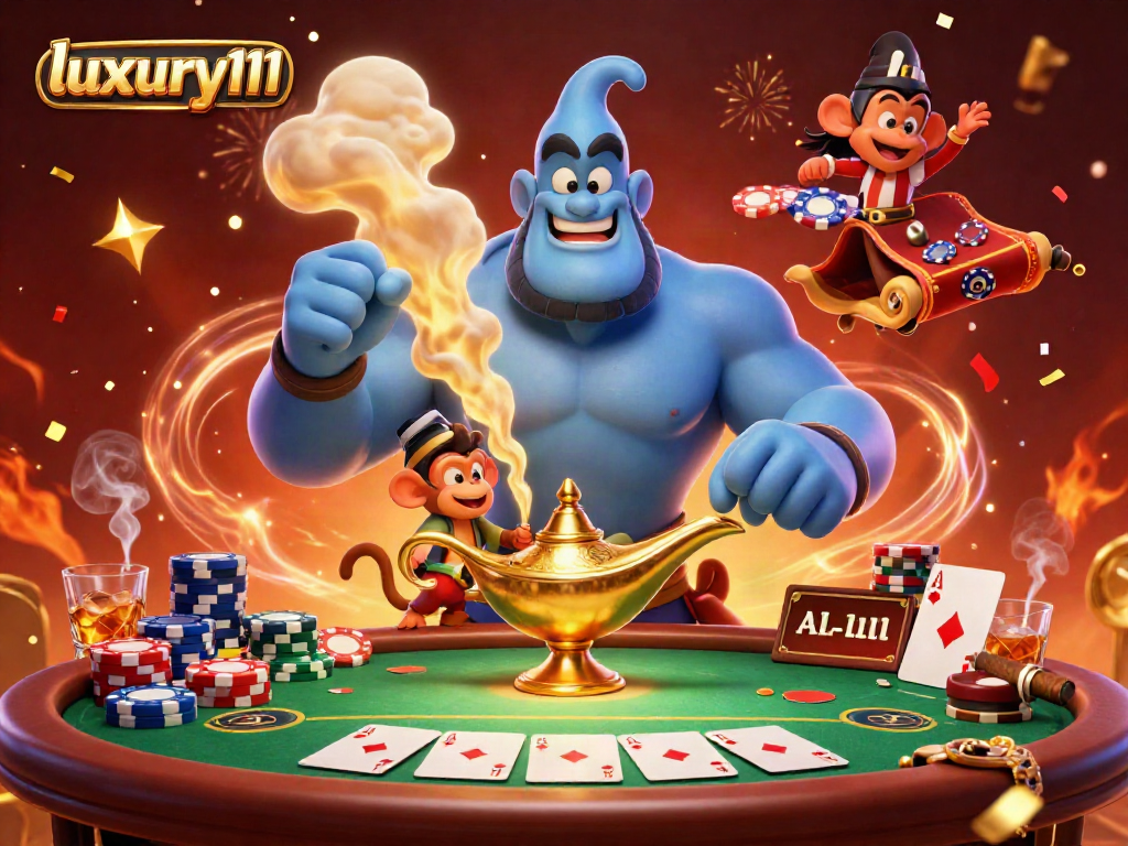 Experience luxury111 with a vibrant 3D scene featuring a genie, poker chips, and a magical atmosphere.