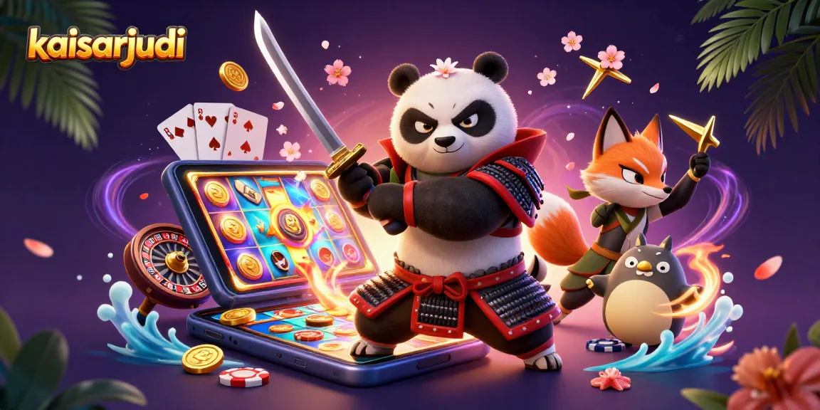 Kaisarjudi brings excitement to life with a dynamic scene featuring a samurai panda and gaming elements.