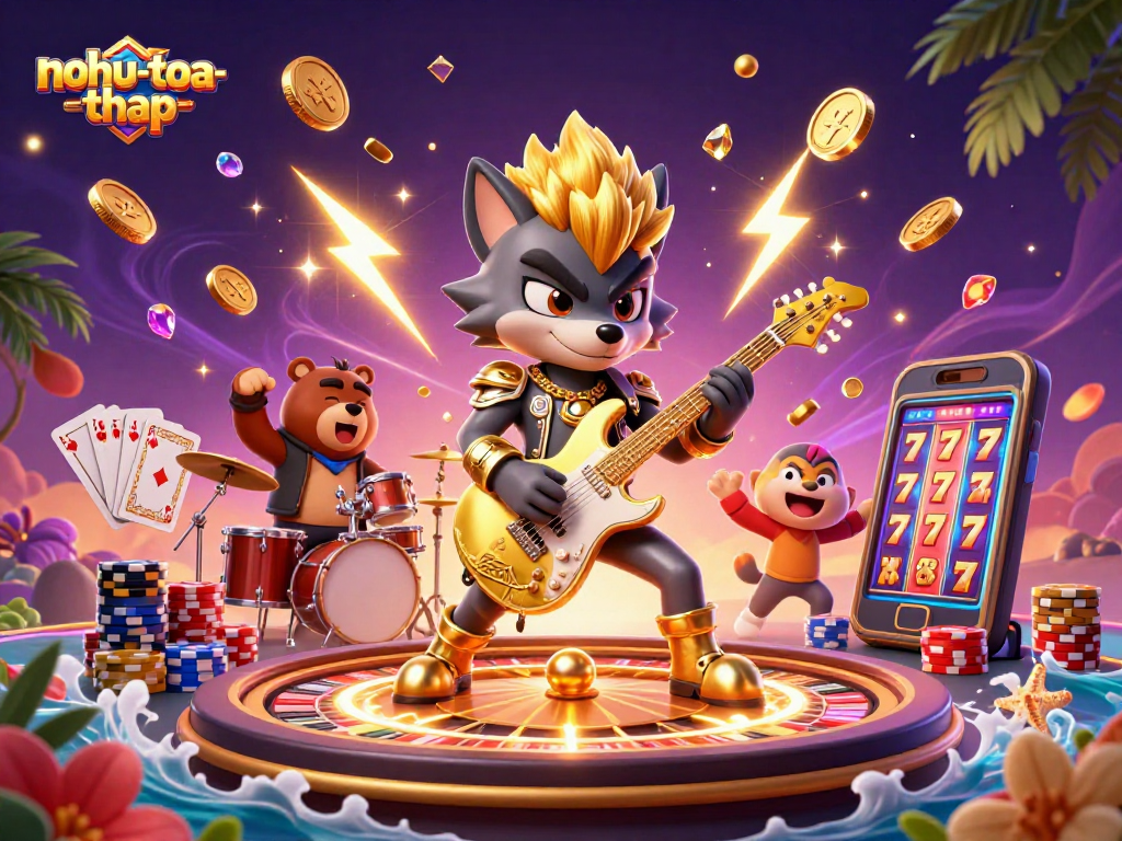Nohu-toa-thap brings excitement with a dazzling casino scene, featuring a rocking wolf and vibrant jackpot elements.
