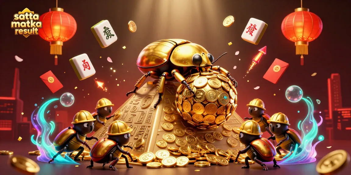 Engage with the satta matka result as a golden beetle rolls coins up a pyramid among festive symbols in a vibrant casino scene.