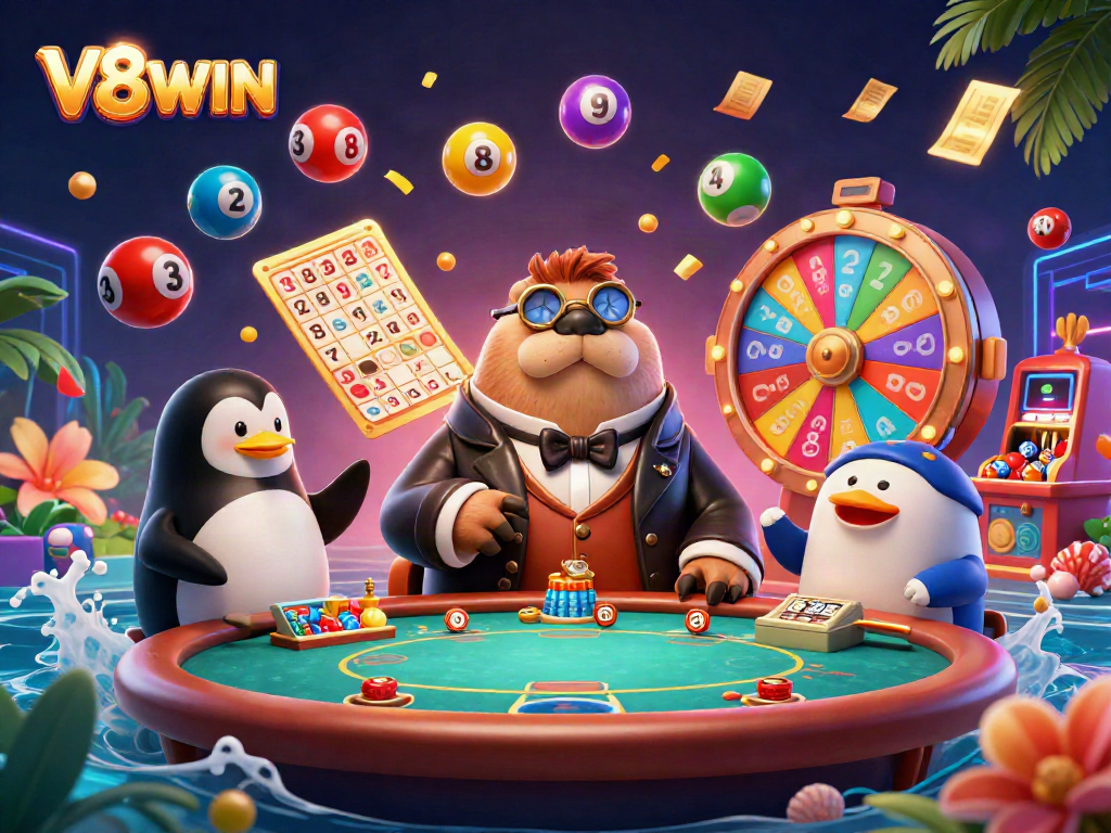 Experience the dynamic thrill of V8WIN featuring a jolly walrus at an underwater poker table surrounded by immersive casino elements.