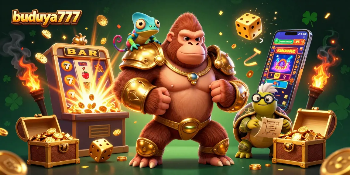 Slot jackpot budaya777 yang luar biasa dengan gorila dan chameleon di latar belakang yang kaya akan warna.
