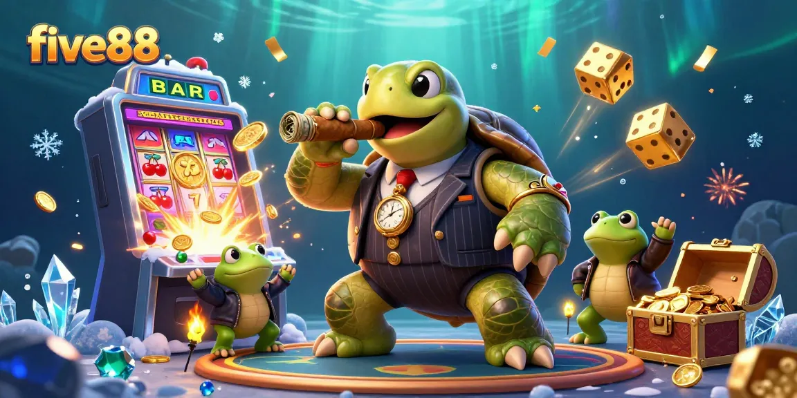 Experience the excitement at five88 with a vibrant casino scene featuring a snapping turtle and bullfrog enforcers.