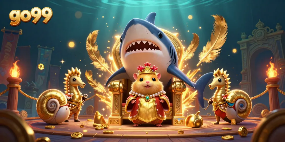 Experience exhilarating gaming at go99 with a vibrant underwater scene featuring a golden hamster king and seahorse guards.