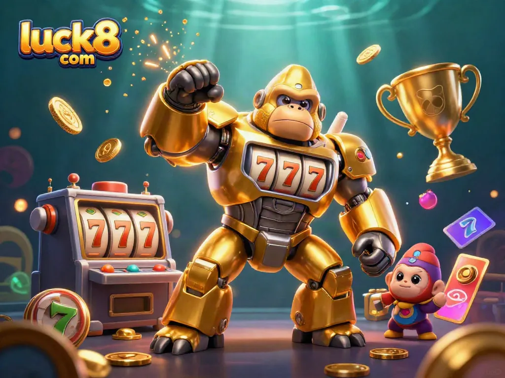Experience thrilling gaming action with luck8 com, featuring a golden gorilla mech surrounded by casino elements.