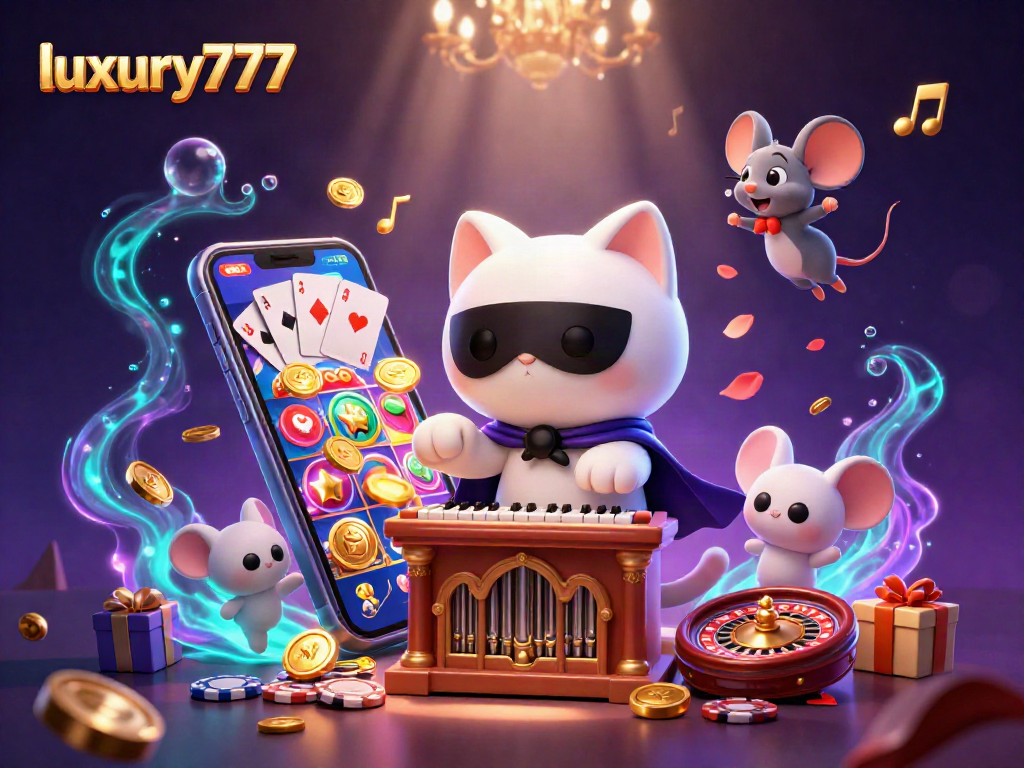 luxury777 menampilkan kucing putih bertopeng di kasino, dikelilingi elemen permainan yang dinamis.