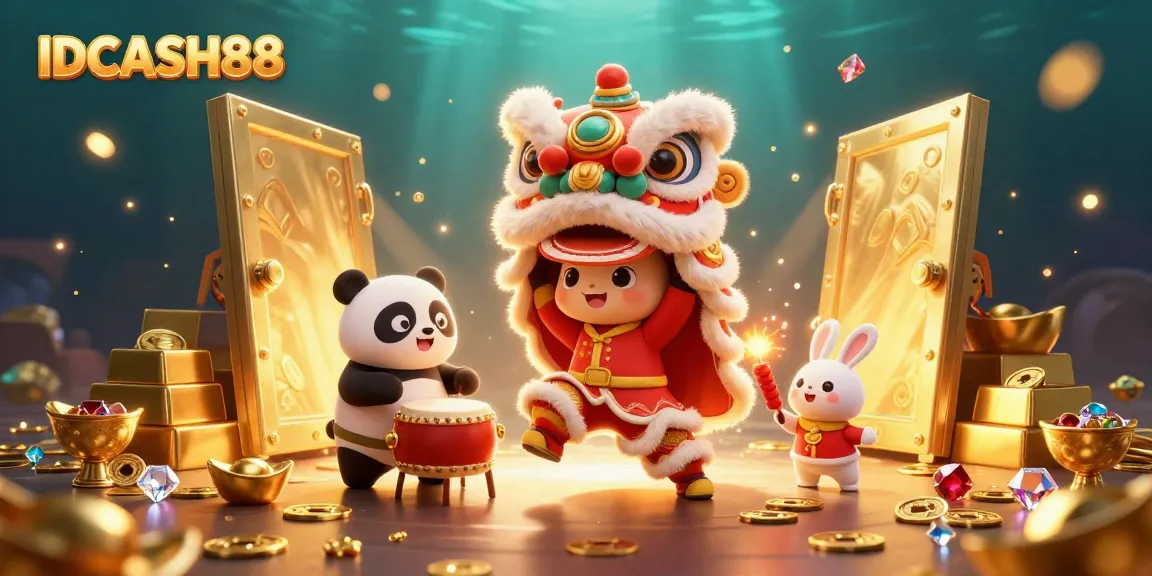 Experience fun and excitement at IDCASH88 with vibrant casino-themed characters and treasures.