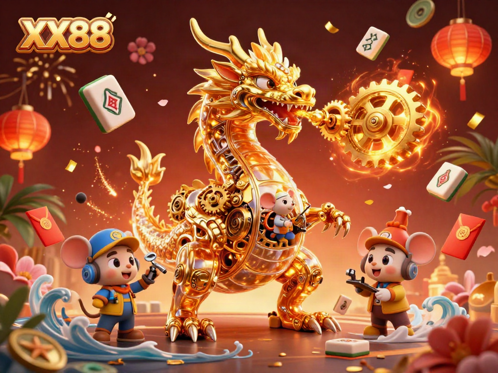 Engage in thrilling gaming adventures at XX88, featuring a dynamic scene with a golden dragon and casino elements.