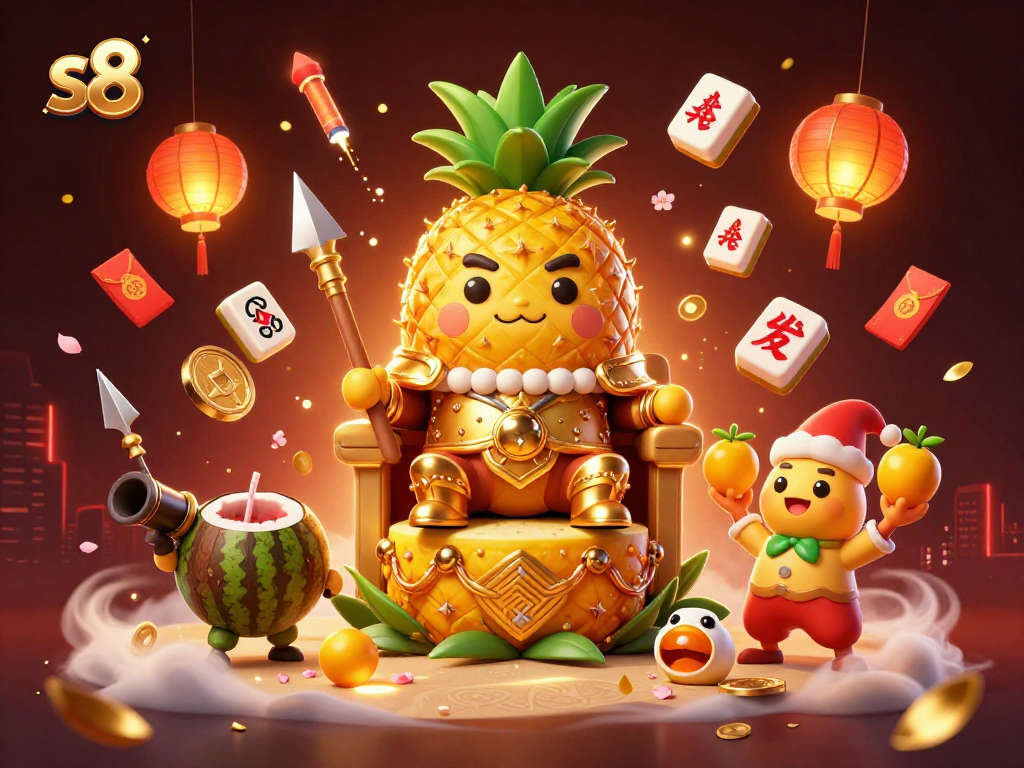 Experience S8's vibrant casino atmosphere with the golden pineapple king and friends celebrating gaming