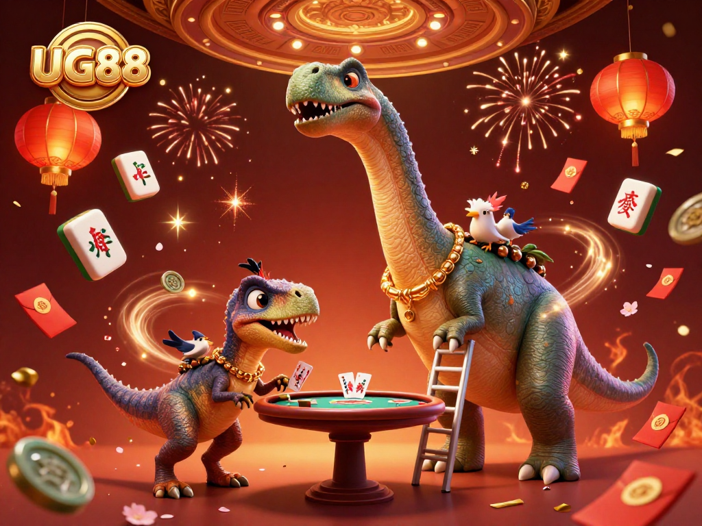 Experience lively gambling dynamics at UG88 with a whimsical brontosaurus, raptor, and vibrant casino elements.