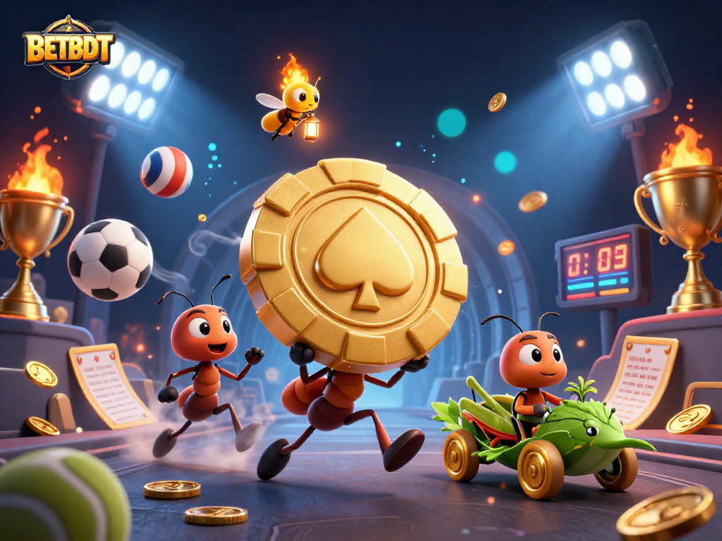 Engage in dynamic sports adventures with BETBDT as cartoon ants steal golden poker chip in a vibrant heist