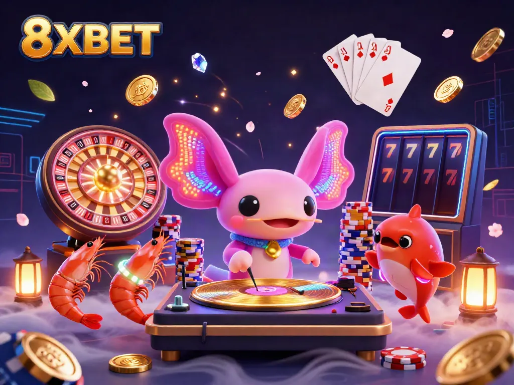 Experience thrilling games with 8XBET in a vibrant underwater casino scene featuring neon characters.