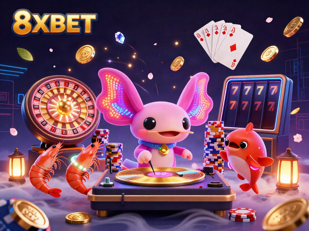 Experience thrilling games with 8XBET in a vibrant underwater casino scene featuring neon characters.