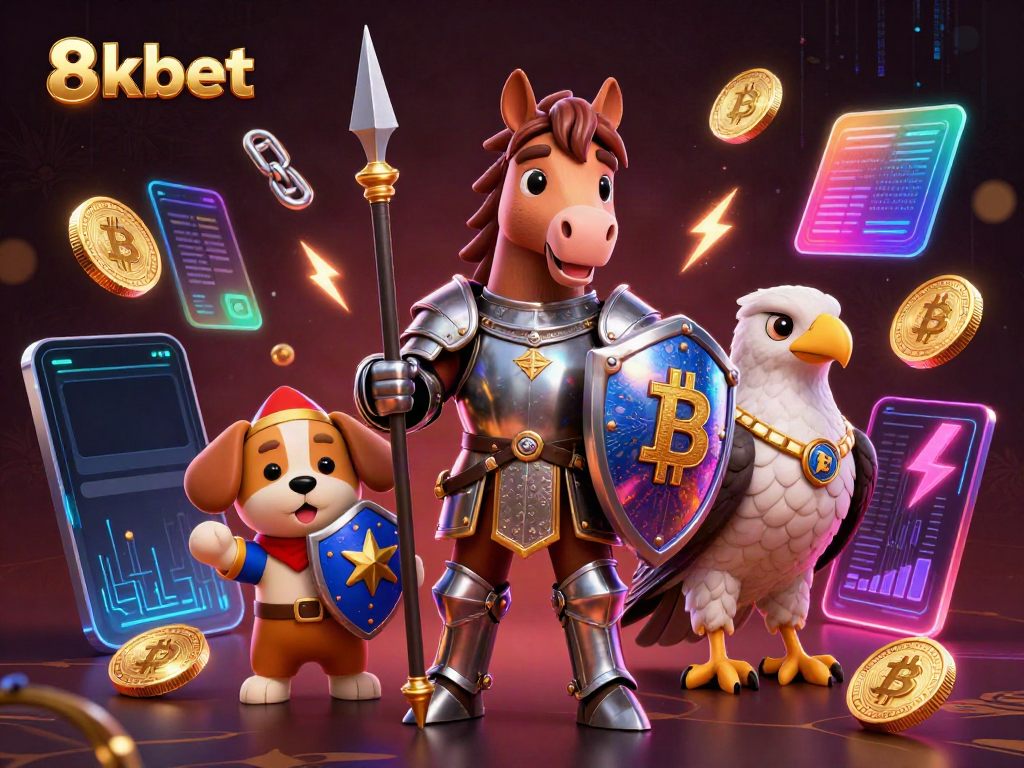 Engage with 8xbet in a vibrant 3D medieval scene featuring a knight and crypto elements.