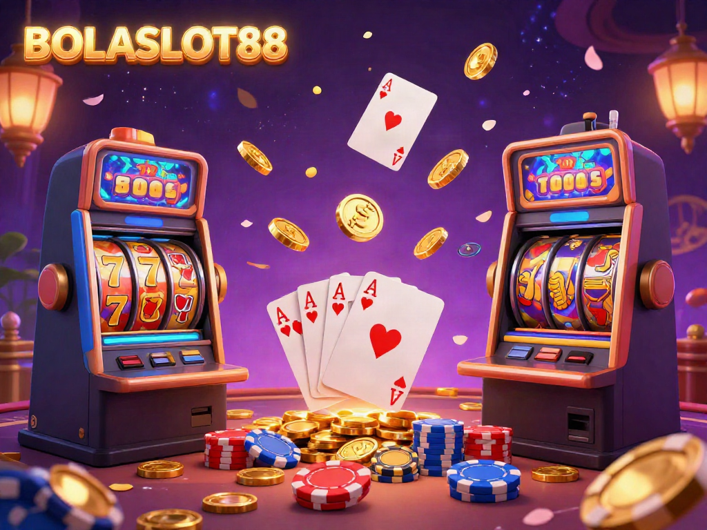 Experience thrilling wins with BOLASLOT88 featuring golden coins, vibrant slot reels, and exciting game elements.